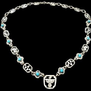 Sterling Silver 925 Native American Shube Thunderbird Turquoise Link Necklace